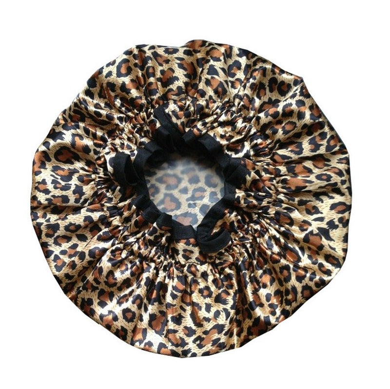 EleCharm Designer Reusable Shower Cap, Leopard Stylish Bath Cap Double Layers Waterproof Bathing Shower Hat - Image 1